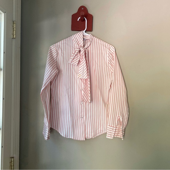 Vintage Le Soft Red & White Striped Button Down Tie Neck Top S - Picture 2 of 9